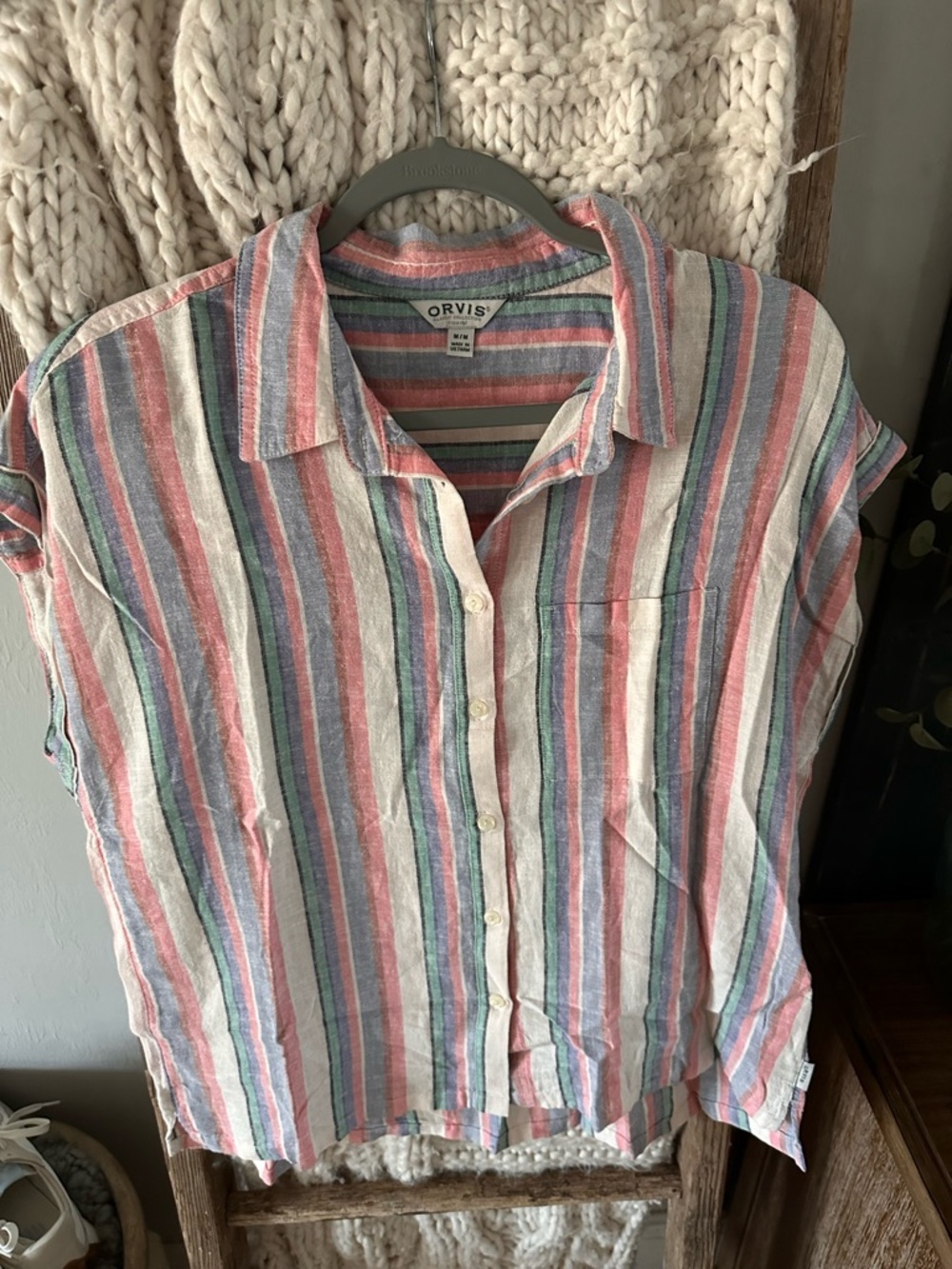 Orvis Pastel Striped Linen-Blend Button-Up in Pink, Blue, Green